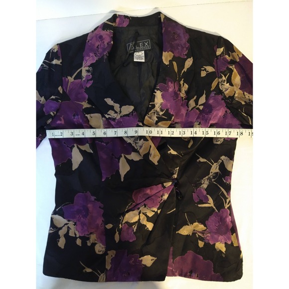 Alex Evenings Jacket Blazer Black Purple Floral Small 3/4 Sheer Sleeves - Picture 5 of 9